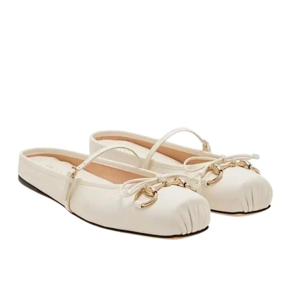 Gucci White Leather Horsebit Ballet Flat Mules Slides Women's EU 38.5 US 8.5 NIB